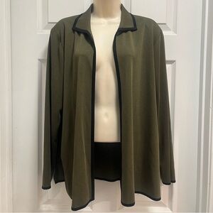 Misook Olive Green Open Cardigan with Black Trim Workwear Office - XL - EUC
